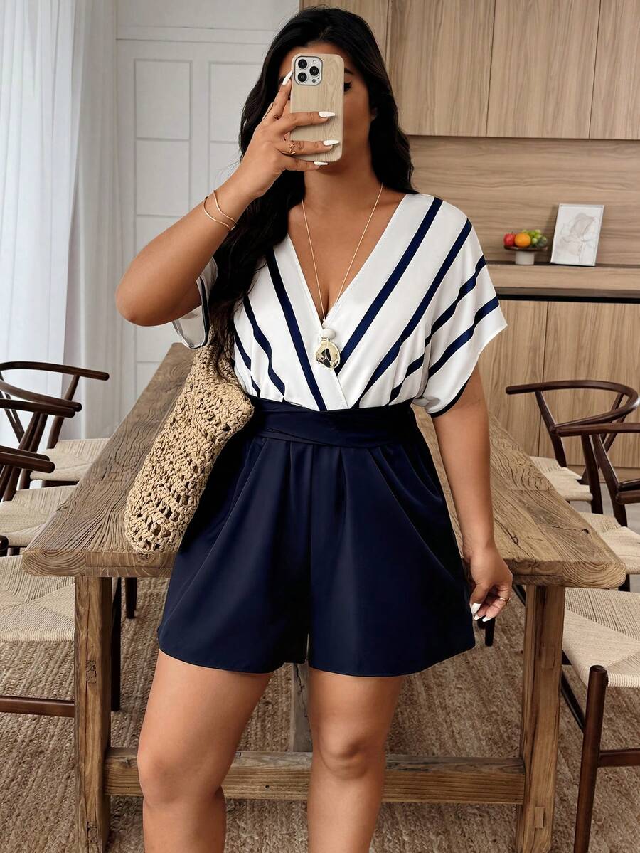 Plus Size Women's Spring/Summer Striped Color Block Jumpsuit With Matching Top And Shorts, Casual - Multicolor - View 1
