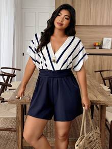 Plus Size Women's Spring/Summer Striped Color Block Jumpsuit With Matching Top And Shorts, Casual - Multicolor - View 2