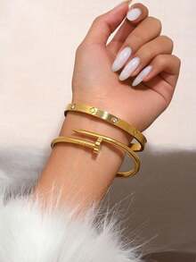2pcs Set European & American Fashion Gold-Plated Four-Leaf Clover Rhinestone Bangle Bracelets, Luxury Versatile Stainless Steel Jewelry Accessories - Four-leaf Clover - View 2