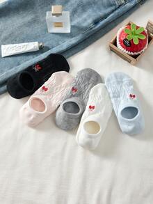 5 Pairs Women's Sweet Embroidered Bow & Strawberry Minimalist Invisible Liner Socks, Suitable For All Seasons - Multicolor - View 3
