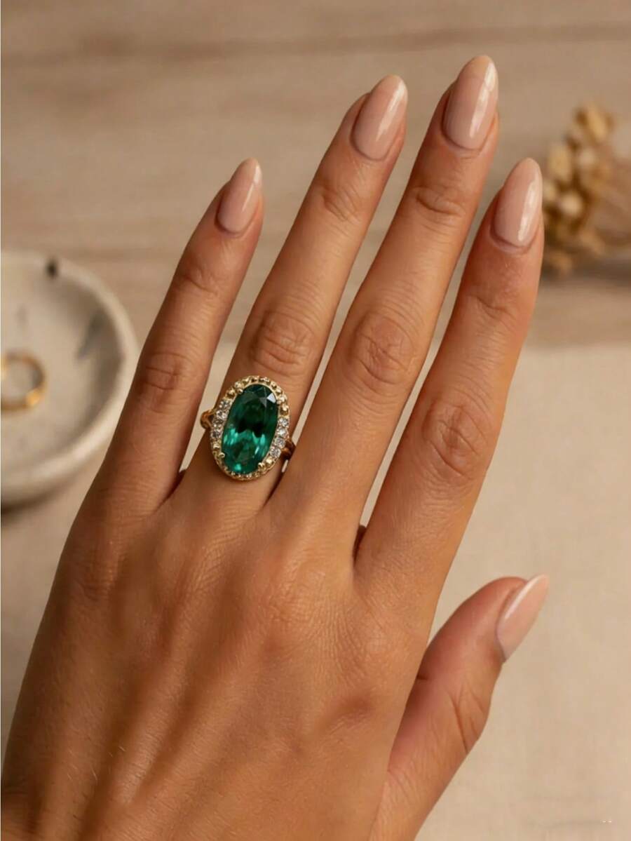 1枚优雅绿色椭圆形切割锆石订婚戒指，适合女性佩戴，也适合日常佩戴、宴会、婚礼和周年纪念礼物（不含包装盒） - 綠色 - 查看 1