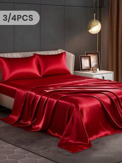 3/4pcs Satin Fitted Sheet Set, Bedding Set, Bed Sheets, Solid Color Bed Sheet Set, Red/Burgundy Bedding Set, Mattress Cover Set, Skin-Friendly Bed Cover Set,  Soft And Comfortable Bedding, 1pc Flat Sheet, 1pc Fitted Sheet With 1/2pcs Pillowcase, Deep Pocket, For Single/Twin/Full/Queen/King Bed Sizes, Luxury Bedding, Machine Washable, Cool Touch For Sleeping, Perfect Valentine's Day Gift, Valentine's Day, Valentine's Gift