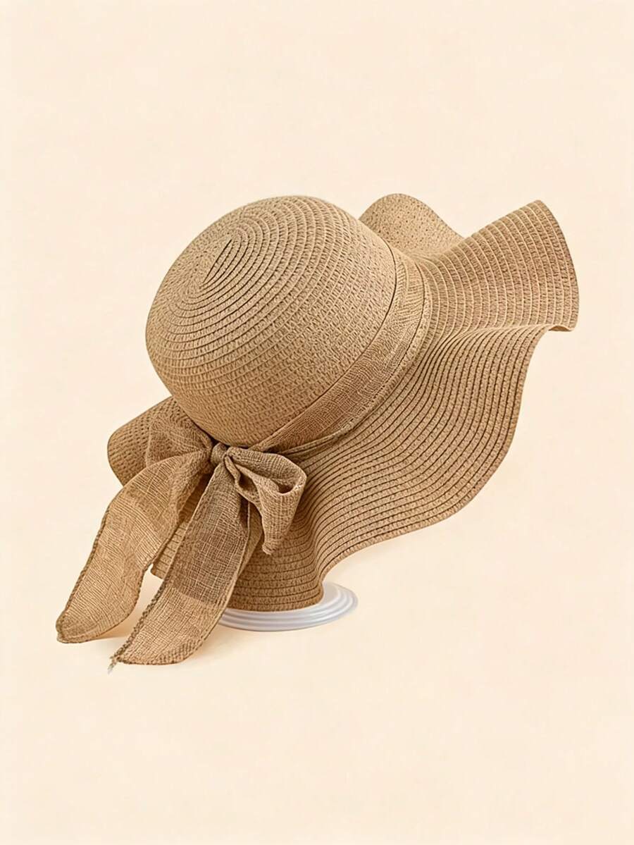 Linen Wavy Edged Bow Tie Women's Wide Brim Beach Hat, Solid Color Minimalist Sun Hat