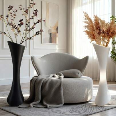 高品质黑白复古花瓶，现代奢华落地花瓶，塑料材质，适用于水培鲜花、干花和人造花，是插花/婚礼、家居客厅装饰、阳台、走廊、婚礼、办公室、派对、乔迁、情人节的理想之选（不含鲜花）