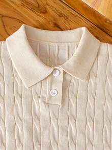 Boys' Solid Color Cable Knit Polo Shirt Short Sleeve Lightweight Sweater, Suitable For School & Everyday Wear, Spring/Summer/Autumn - Apricot - View 3