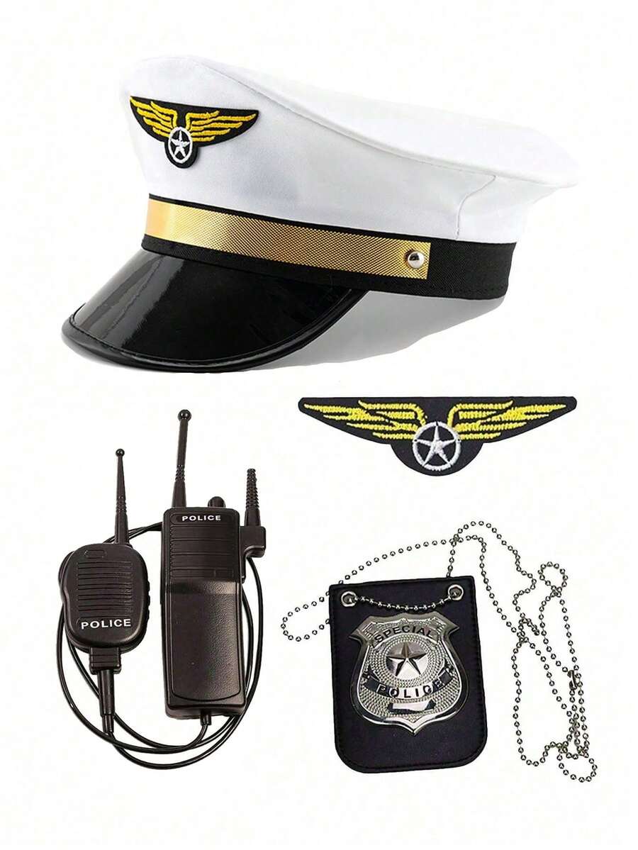 Hat Costume Set, Includes Cap, Badge, Pilot Badge, Walkie-Talkie, Suitable For Vacation, Party, Company Event, Festival Activities