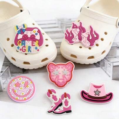 6 PCS Pink Little Set Series, Adorable Beach Accessories, Summer Vacation PVC Shoes, Decorative Sandals, Party Gifts. PVC Cute Accessories, With Tropical Design - Perfect Birthday Party Gift, Shoe Accessories, Fun Sandal Decorative Gifts.