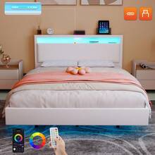 Double Bed Frame With LED Lighting, USB Type-C Charging Function, Storage Headboard, 4FT6 Double Bed Storage Bed Frame With Metal Slatted Frame, Linen, No Mattress, 135x190cm, Beige - UK Plug(220-240V) - View 2