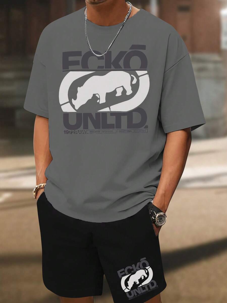Men's Ecko T- Shirt And Shorts Set- Gray Rhino Graphic- Street Style-  Fashion, Ideal For Those Who Love Urban Aesthetics. - 灰色 - 查看 1