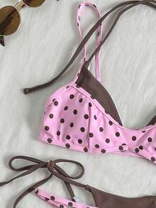 女士复古波点比基尼泳装，性感露背吊带复古波点印花泳衣，不对称A字腰无袖短款比基尼，适合新年、冬季、户外、生日、休闲、千禧年、西部风情、夜店、海滩等场合，粉色系夏季度假必备 - 粉色 - 查看 6