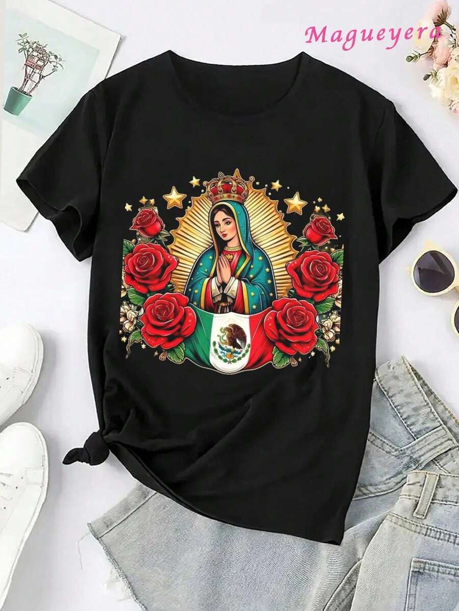 Oversize Extra grande MGY Camiseta de algodón suave para mujeres con diseño mexicano de rosas de la Virgen de Guadalupe. Regalo ideal para fiel y a la moda. Camiseta de Moda de Manga Corta y Cuello Redondo, Casual Perfecta para Todas las Estaciones, S M L XL - Oscuro - Ver 1