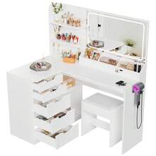 Devoko Tavolo da toeletta angolare a L con specchio, illuminazione a LED a 3 livelli di luminosità, sgabello, 5 cassetti, porta presa e porta asciugacapelli, bianco/nero - Bianco - Visualizzare 3