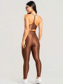 3-Piece Women's Fitness Set – 3 Tops And 3 Shiny Ribbed Leggings With High Waistband - Black + Brown + Green - View 7