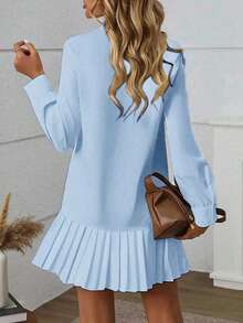 Women's Elegant Solid Color Pleated Collar Front Button Closure Side Slit Shirt Dress Spring - Baby Blue - View 3