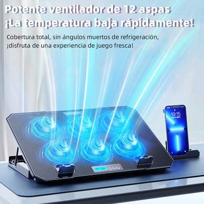 Base De Refrigeración Ajustable Para Portátil Con Pantalla Digital Led Y 6 Ventiladores Rgb + 1 Soporte Para Teléfono + 2 Puertos De Carga Usb