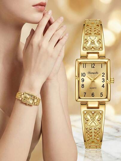 1件装女士金色合金表带，饰有精美雕刻细节，奢华石英表，方形表盘女士腕表，时尚腕表，适合正式和商务场合，是生日礼物、圣诞礼物、斋月礼物、返校礼物、节日礼物的理想之选。