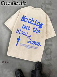 Y2K,Vintage Shirts Men Style "NOTHING BUT THE BLOOD OF JESUS" Print Washed Thickened Cotton T-Shirt - Creative Design, Unisex Casual Street Style, Surprise Gift, One Retro Washed 230g Top, Thickened Pure Cotton Material - Màu be - Xem 3