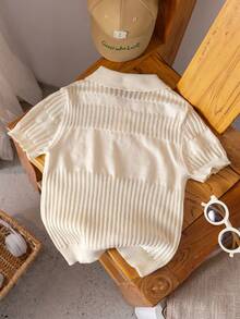 Boys' School Style Polo Collar Short Sleeve Hollow Out Knit Sweater, Suitable For School, Daily Wear In Spring, Summer And Autumn - Apricot - View 2