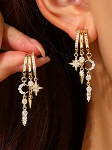 1 Pair Minimalist Luxury Crescent Moon Asymmetric Earrings, Shiny Chain Tassel Design, Suitable For Party, Gift, Commute And Daily Wear - Gold - View 2