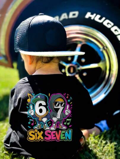 1pc Young Boy Black Short Sleeve T-Shirt, Hip Hop Cartoon Number 6 & 7 Music Note Print, Letter Graphic Casual Top, Essential Summer For Little Young Boy
