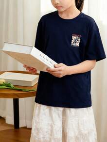 Tween Girls' Casual Printed Crew Neck Short Sleeve T-Shirt, Summer Top - Navy Blue - View 3