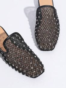 2026新款女士网眼拖鞋，水晶粗跟法式亮黑色方头透气一脚蹬穆勒鞋 - 黑色 - 查看 2