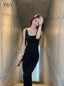 [Y6Y] Women's Sleeveless Square Neck A-Line Thick Strap Dress, Spring/Summer French Casual Elegant Waist Slimming Dress - Black - View 7