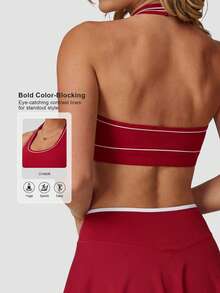 Sodalemon Women's Contrast Color Yoga Sports Bra, Padded, Racerback Design, Activewear Fitness Workout Bra Spring - Red - View 1