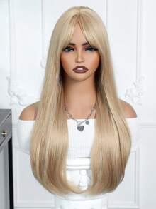 26 Inch Women Light Golden Long Straight Wig With Bangs, Heat Resistant Synthetic Fiber Machine Woven Full Wig, Suitable For Daily Wear And Dates - Gold - View 3