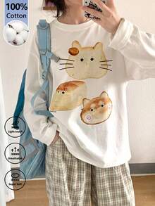 Camiseta de manga larga con estampado de gato tipo pan, estilo "soft girl", de ajuste holgado y efecto estilizante, camiseta informal blanca para mujer - Blanco - Ver 1