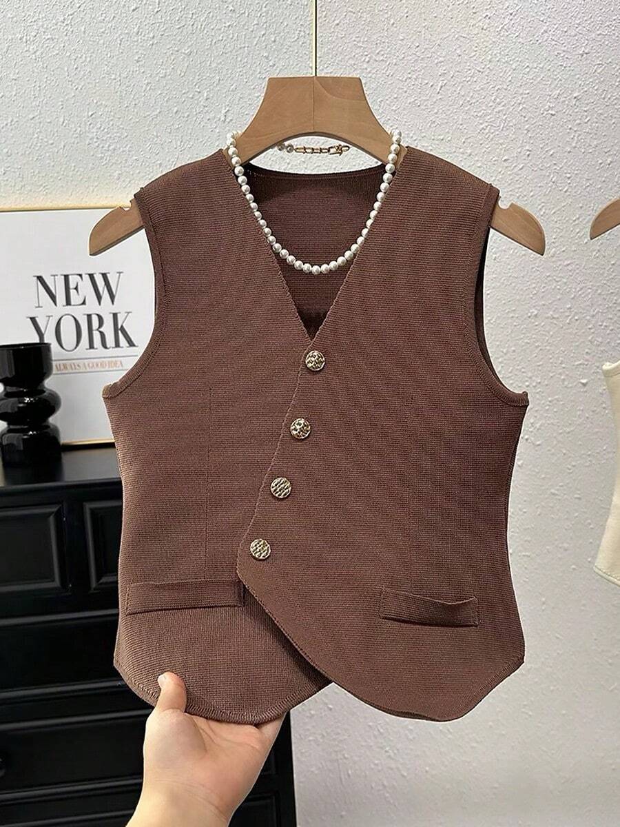 Cardigan Delgado para mujeres Chaleco sin mangas de cuello en V tejido para mujer. Estilo vintage francés veraniego. Silueta estilizada. Dobladillo irregular único y distintivo. Prenda exclusiva y distintiva. - Café integral - Ver 1