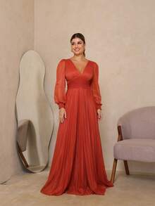 Elegant Women's Long Dress With Long Sleeves And Pleats, Suitable For Bridesmaids, Bridesmaids, Mothers Of The Bride, Groomsmen, Weddings, Graduations, And Evangelical Fashion. - 紅陶 - 查看 1