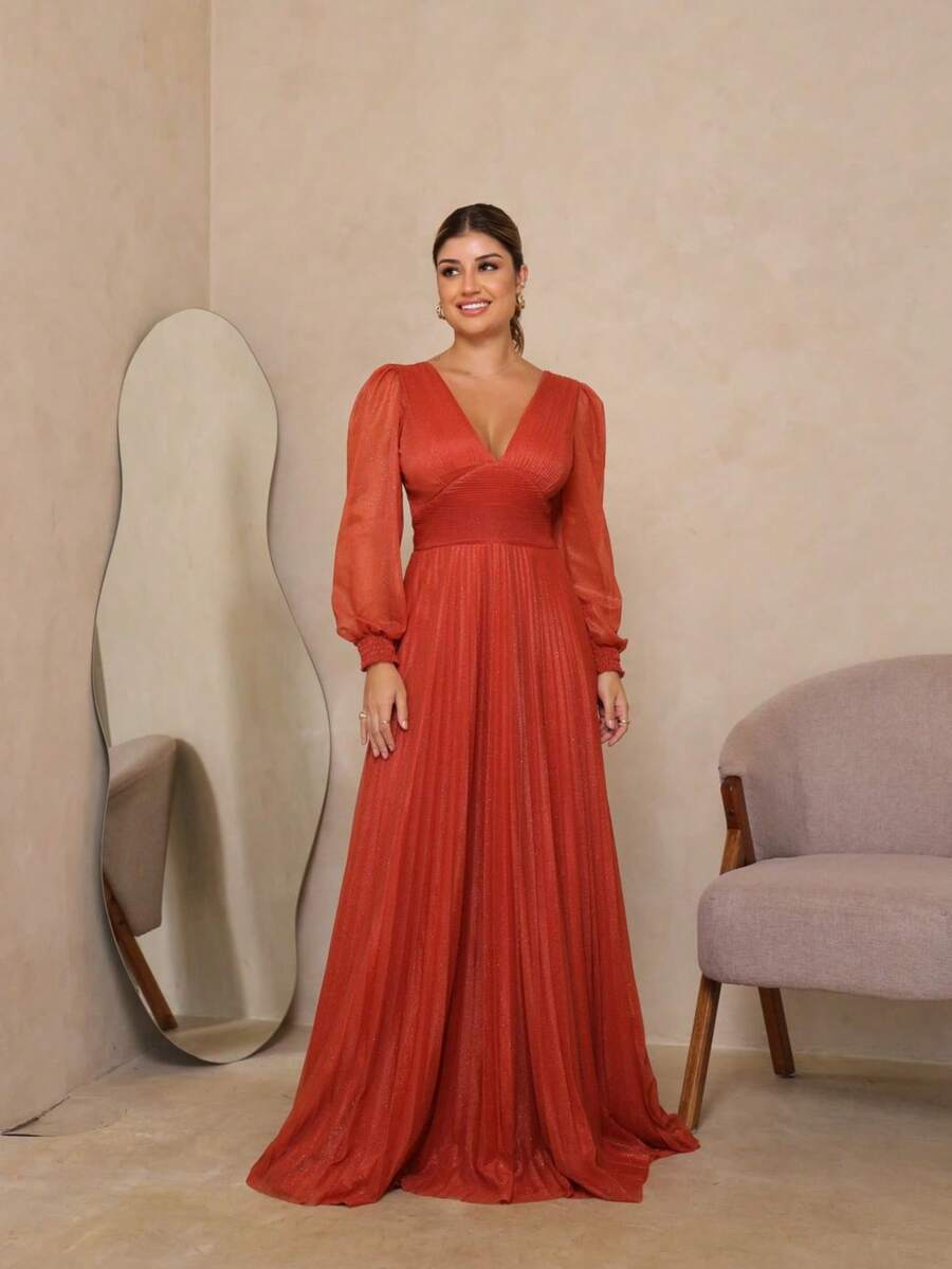 Elegant Women's Long Dress With Long Sleeves And Pleats, Suitable For Bridesmaids, Bridesmaids, Mothers Of The Bride, Groomsmen, Weddings, Graduations, And Evangelical Fashion. - 紅陶 - 查看 1