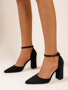 Women's Suede-Like Pointed Toe Ankle Strap Square Heel Pumps - Black - View 3