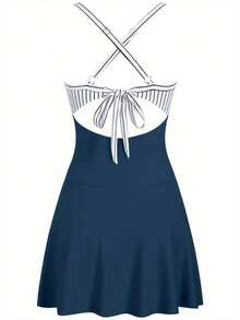 Women One Piece Swimdress Tummy Control Bathing Suit Push Up Swimsuit Modest Swimwear CutOut V Neck Cute Tie Knot Skirt - 白色和黑色條紋,帶藍色 - 查看 2