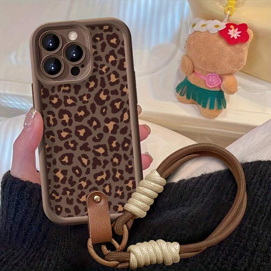 Leopard Print Phone Case, Suitable For IPhone 17 Pro Max/11, Brown Faux Leather Texture With Strap - Brown - View 1