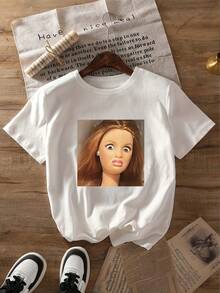Women's Casual Surprised Expression Print Round Neck Short Sleeve T-Shirt, Suitable For Spring, Summer And Autumn White - White - View 3
