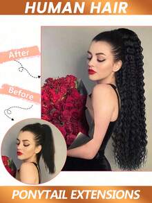 Water Wavy Brazilian Pony Tail Extension Drawstring Ponytail Extensions Magic Paste Clip In Hairpiece Long Wavy Curly Hairpiece For Women - Natural Black - View 7