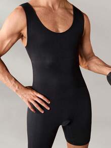 Men's Butt Lifting Slimming Bodysuit With Wide Strap, Waist Cinching, Abdomen Flattening, Thin Fitness Shapewear Shorts - Black - View 4
