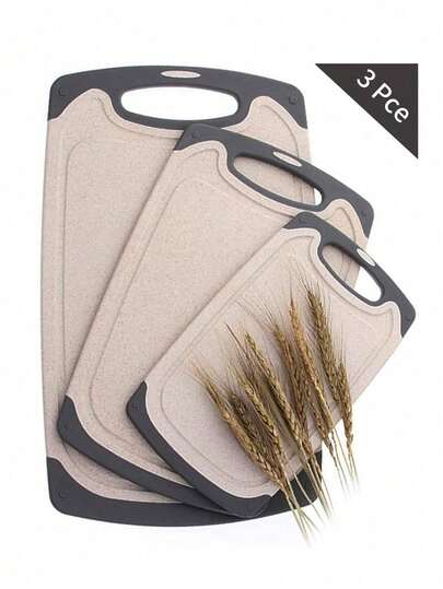 3 pzs Tabla de Cortar de Cocina, Cocina para Picar con Asas Antideslizantes y Ranura para Líquidos, Tablas para Picar de Plástico Paja de Trigo Libres de BPA para Carne, Pan, Verduras y Frutas (Beige)