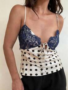 Women's Patchwork Satin Cami Top Polka Dot Print Deep V-Neck Tie Front Spaghetti Strap Camisole - 白色 - 查看 1