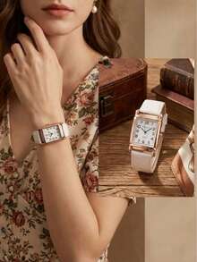 1 chiếc đồng hồ nữ vuông thời trang, kiểu dáng cổ điển màu trắng, vỏ mạ vàng hồng, dây đeo da PU, mặt số chữ số Ả Rập, món quà thanh lịch dành cho bạn gái, vợ, mẹ, thích hợp cho Ngày Valentine, Giáng sinh, đám cưới, tiệc tùng, sử dụng hàng ngày. - trắng - Xem 8