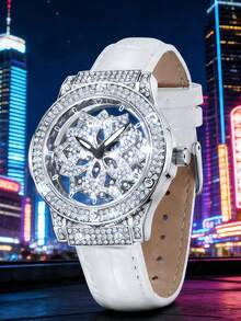 1 chiếc đồng hồ nữ thời trang khoét rỗng, thiết kế mặt sau trong suốt, đính kim cương, mặt số hình bông tuyết xoay được, dây đeo màu trắng, đồng hồ thạch anh mặt lớn, thích hợp cho các lễ hội âm nhạc và đeo hàng ngày. - trắng - Xem 13