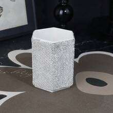 Handmade Rhinestone Ceramic Makeup Brush Holder, Creative Rhinestone Pen Cup Desk Organizer, Luxury Customized Rhinestone Makeup Brush Storage Bucket, Exquisite Hair Styling Tool Organizer - White - View 7