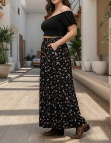 Saia Plus Size Cos Elastico Fenda Lateral Com Forro E Bolsos - PRETA FLORZINHA - Visão 6