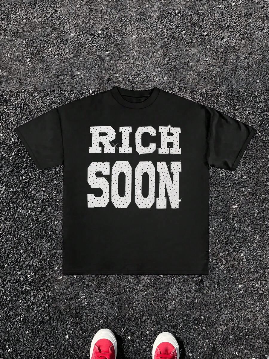 1pcs Rich Soon Print TShirt,Motivational Quote 100% Cotton TShirt,Men's TShirt Men's Summer Casual Streetwear TShirt,Holiday Gift,Perfect Gift - 黑色 - 查看 1