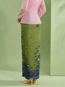 1pc Floral Print Elegant Nyonya Kebaya Skirt For Women, Green Skirt (Top Not Included), Spring/Summer - Dark Green - View 4