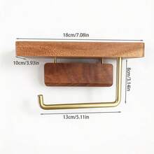 Modern Luxury Wooden Toilet Paper Holder With Storage Shelf, Gold Metal Hook, Wall-Mounted Bathroom Tissue Roll Dispenser - C-Gold - View 7