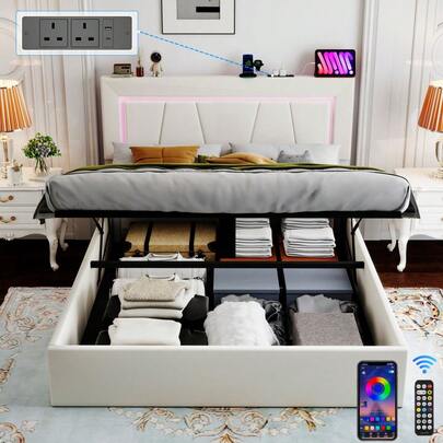 Double Bed Frame With Storage, 4ft6 Upholstered Ottoman Bed With Adjustable Headboard & Hydraulic, Bed Frame With Charging-Station & LED-Lighting, 135x190cm (No Mattress)