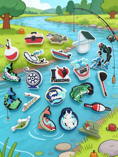 21 Sets Of Fishing Series (Including Fish + Fishing Hat / Small Boat) Are Suitable For Shoe Accessories, Sandals, Beach Bags, Bracelets And Wristbands. They Are Suitable For Both Men And Women As Party And Festival Gifts. Fun Cartoon Fishing Gear Sets, Fishing Theme, Classic And Unique, Inspiring Unlimited Creative Inspiration.